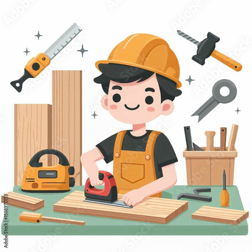 Cartoon tradesman sanding wood on a green work surface amidst tools