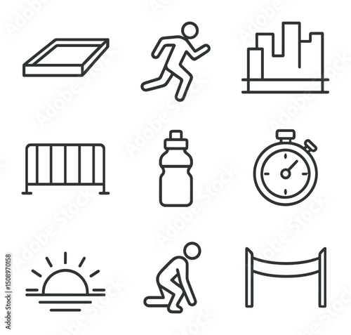 Rooftop Race Icon Set. Outline icon set of rooftop race participants: rooftop outline, runner silhouette, cityscape backdrop,