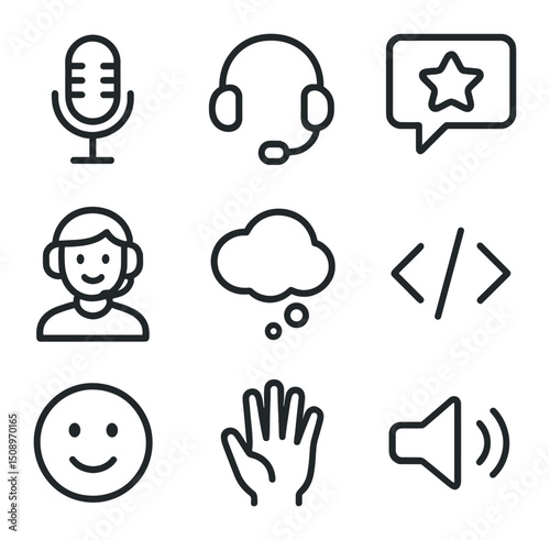 Virtual Assistant Icons. Outline icon set of virtual assistant empathy: microphone, headset, friendly avatar, feedback star,