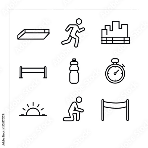 Rooftop Race Icon Set. Outline icon set of rooftop race participants: rooftop outline, runner silhouette, cityscape backdrop,