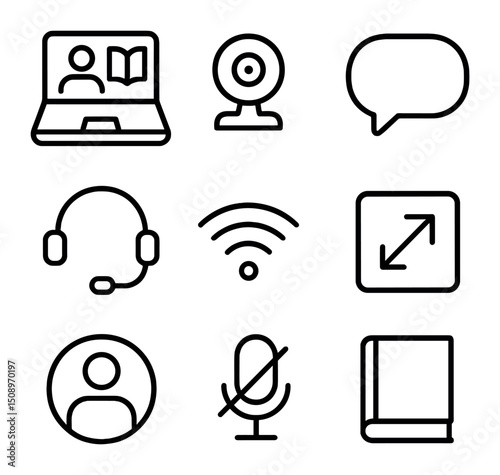Virtual Book Club Icons. Outline icon set of virtual book club meeting: laptop screen, webcam, headset, chat bubble, Wi-Fi signal,
