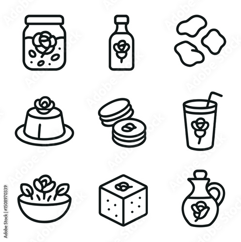 Rose Culinary Icons. Outline icon set of rose culinary uses: rose petal jam, rose syrup bottle, candied petals, rose panna cotta,