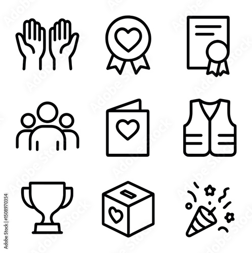 Volunteer Icons Outline. Outline icon set of volunteer award team: helping hands, heart badge, certificate ribbon, group