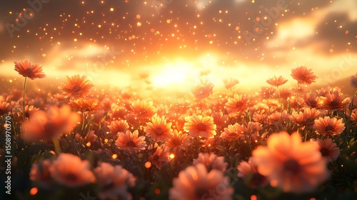 A mesmerizing field of orange flowers bathed in the warm glow of sunset. Abstract theme showcasing vibrant nature and serene ambiance suitable for stock images, highlighting nature's beauty.