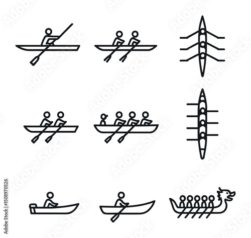 Rowing Boat Icons. Outline icon set of rowing boat types: single scull, double scull, quadruple scull, coxless pair, coxed four,
