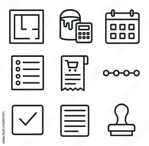 Project Planning Icons. Outline icon set of project planning elements: room blueprint, paint calculator, schedule calendar, budget