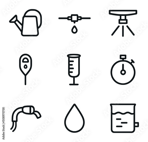 Watering Icons Grid. Outline icon set of watering regimes: watering can, drip emitter, sprinkler head, moisture meter, rain gauge,