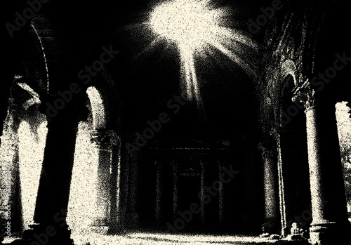 Ancient ruins in sci-fi scene with dotwork retro style. Mysterious gate debris with dramatic lights and retro texture