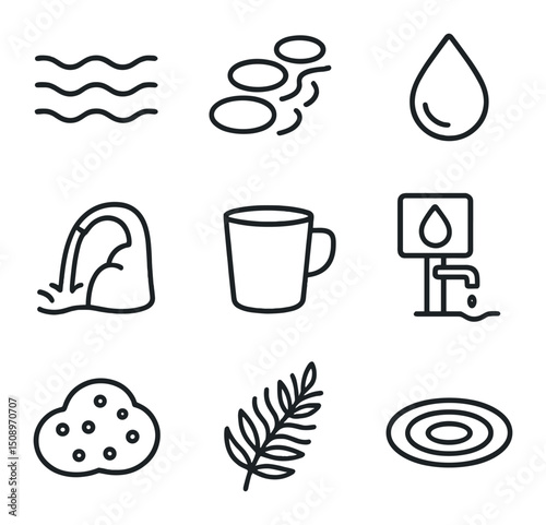 Water Stream Icons. Outline icon set of water stream and spring stops: stream wave, stone crossing, water droplet, roadside spring