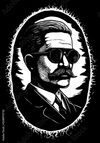 Vintage vector illustration of a gentleman with a top hat and mustache, drawn in a classic engraving style. Generated AI