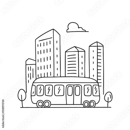 A tram passing behind tall buildings