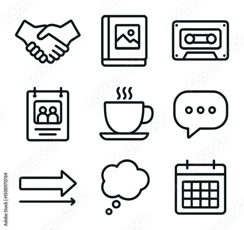 Reconnect Icons Set. Outline icon set of reconnecting with old friends: handshake, photo album, nostalgic cassette tape, reunion