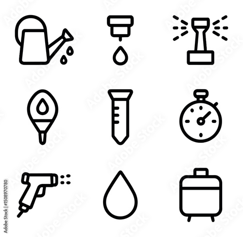 Watering Icons Grid. Outline icon set of watering regimes: watering can, drip emitter, sprinkler head, moisture meter, rain gauge,