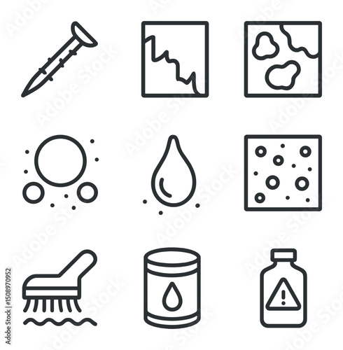Rust and Corrosion Icons. Outline icon set of rust and corrosion processes: rusty nail, peeling paint, oxide patch, corrosion