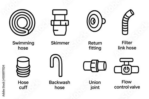 Pool equipment line art set for plumbing and maintenance concepts