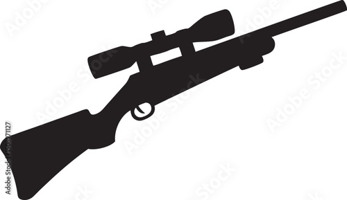 Diagonal Silhouette of Bolt-Action Rifle with Mounted Scope Featuring Defined Stock, Barrel, and Trigger Mechanism in Black on White for Hunting, Tactical, and Firearm Design Projects