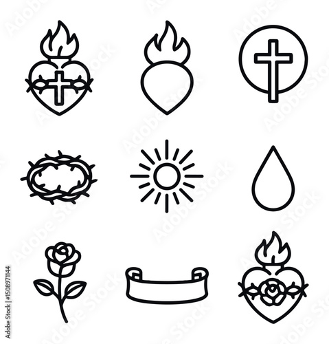 Sacred Heart Icon Set. Outline icon set of sacred heart devotional icon: heart shape, flame on top, cross overlay, crown of thorns