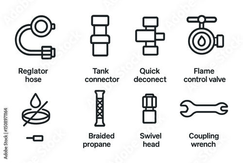 Bbq grill tool icons featuring regulator hose, tank connector, and flame control valve