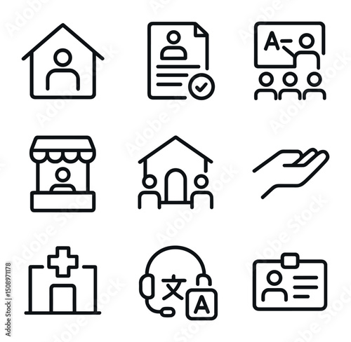 Refugee Service Icons. Outline icon set of refugee integration services: shelter house, legal document, language class, job fair