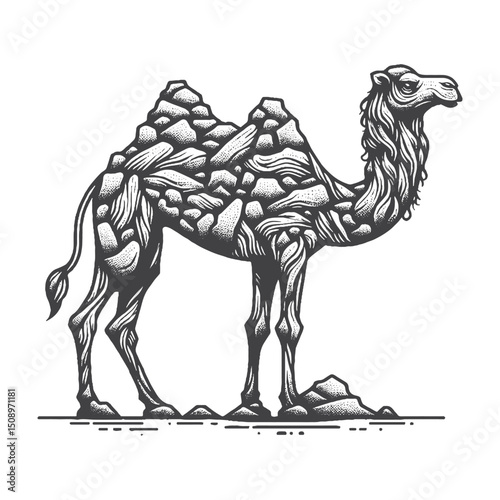 Vintage Hand-Drawn Dromedary Camel Illustration – Surreal Sand And Rocks Engraved Style Vector For T-Shirts Posters Stickers And Nomadic Apparel
