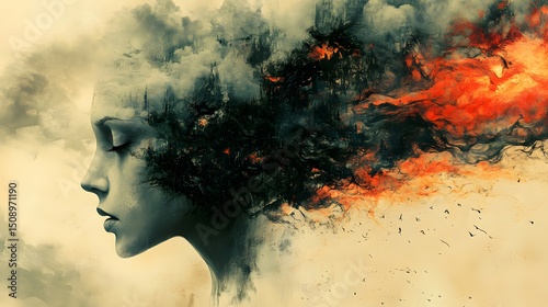 Surreal digital artwork with an Abstract theme, blending a face in profile with atmospheric elements, creating a thought-provoking and emotionally evocative image for creative designs.