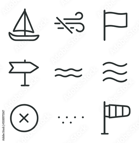 Wind Symbols Icon Set. Outline icon set of wind-idle sail symbols: drooping sail, slack sheet, breeze icon crossed, calm flag,