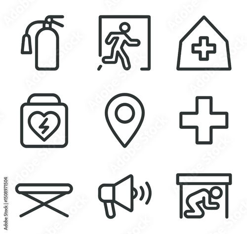 Safety First Icons. Outline icon set of safety and first aid: fire extinguisher, emergency exit, first aid tent, defibrillator,