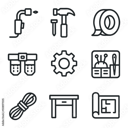 Repair Tools Icons. Outline icon set of repair and crafting gear: welding torch, hammer and nail, duct tape roll, tool belt, spare