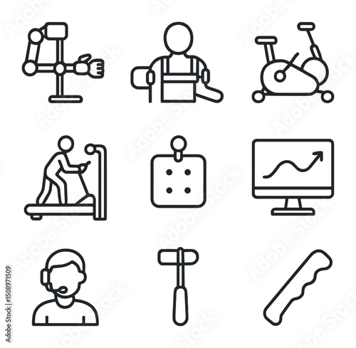 Rehabilitation Robot Icons. Outline icon set of rehabilitation and exercise robots: robotic physio arm, resistance band, exercise