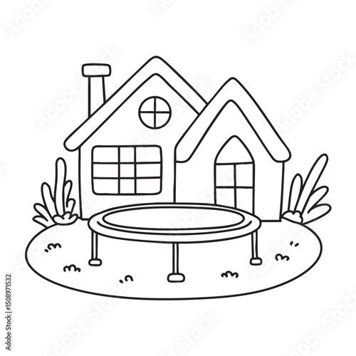 A trampoline standing near a home garden window