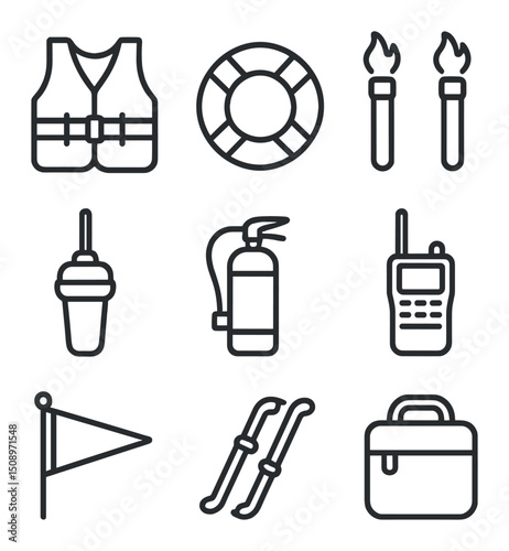 Safety Gear Icons. Outline icon set of safety and emergency gear: life jacket, lifebuoy, flares, EPIRB beacon, fire extinguisher,
