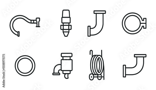 Plumbing tools and pipe fittings icon set for home improvement designs