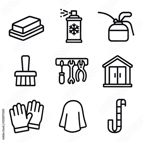 Winter Tool Maintenance Icons. Outline icon set of tool maintenance for winter: sharpening stone, rust remover spray, oil can,