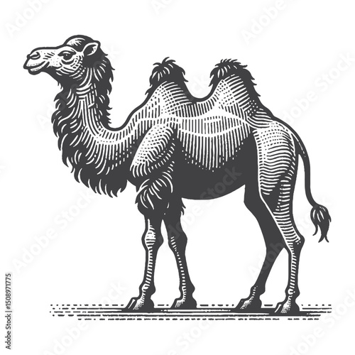 Vintage Hand-Drawn Dromedary Camel Illustration – Full Body Side View Engraved Style Vector For T-Shirts Posters Stickers And Nomadic Apparel