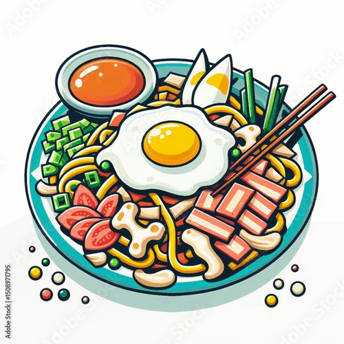 Cartoonish noodle dish egg meat veggies on a blue plate with sauce  chopsticks