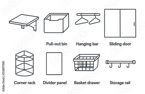 Interior storage solutions with drawers, bins, and racks for home organization