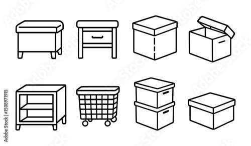 Home storage solutions: boxes, baskets, and shelving units outline