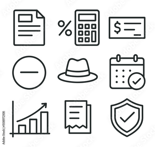 Retirement Tax Planning Icons. Outline icon set of tax planning for retirees: tax form, percentage calculator, refund check,