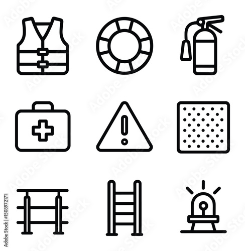Safety Gear Icons. Outline icon set of safety gear on dock: life jacket, life ring, fire extinguisher, first aid kit, warning sign