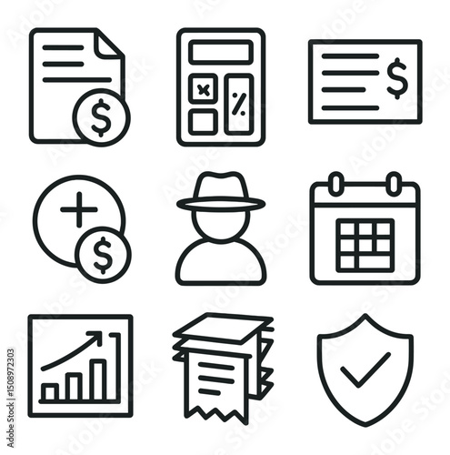 Retirement Tax Planning Icons. Outline icon set of tax planning for retirees: tax form, percentage calculator, refund check,