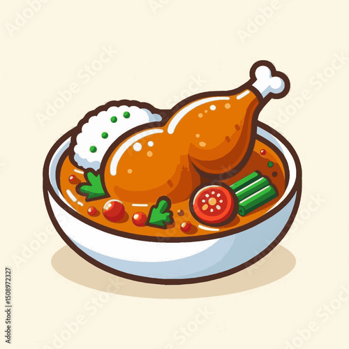 Cartoonstyle dish with chicken drumstick rice and various circular and rectangular vegetables in a white bowl