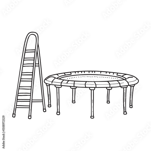 A trampoline lying beside a foldable step ladder