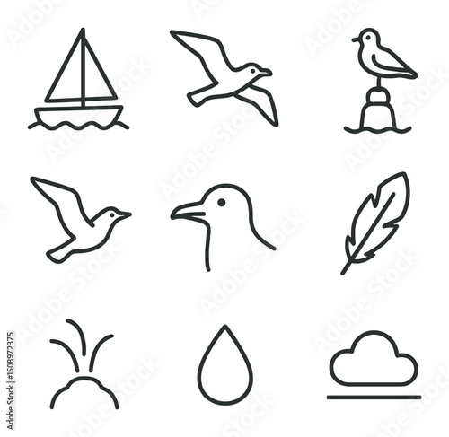 Sailboat and Seabird Icons. Outline icon set of sailboat and seabird encounters: sailboat, flying gull, perched buoy, wing flap,