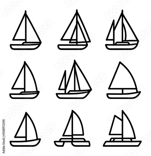 Sailboat Icon Set. Outline icon set of sailboat types: sloop, cutter, ketch, yawl, schooner, catboat, dinghy, trimaran, catamaran.