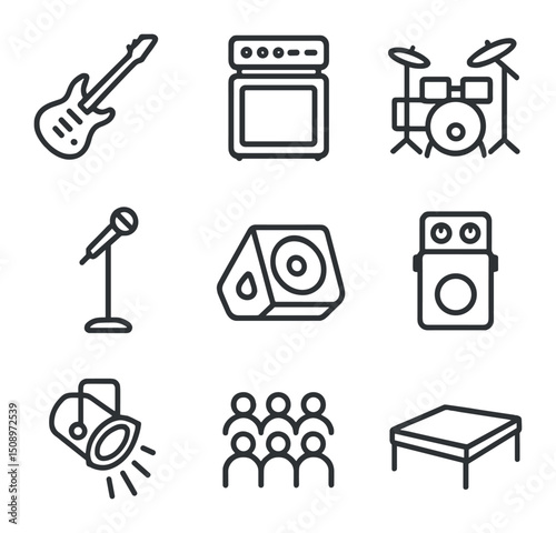 Rock Concert Icons. Outline icon set of rock concert essentials: electric guitar, amplifier stack, drum kit, microphone stand,