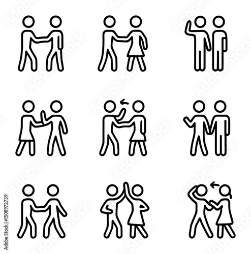 Salsa Dance Steps Icons. Outline icon set of salsa partner steps: basic step, cross body lead, right turn, left turn, enchufla,