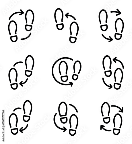 Salsa Dance Steps Icons. Outline icon set of salsa partner steps: basic step, cross body lead, right turn, left turn, enchufla,