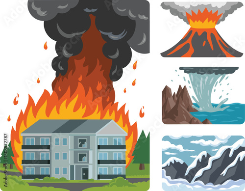 Illustration of natural disasters including a house fire with thick smoke, volcanic eruption, mountain waterfall, and snowy mountain landscape, flat vector illustration