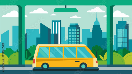 A large window at the front of the taxi provides a panoramic view of the surrounding city allowing passengers to admire the ecofriendly skyscraperapers and green rooftops.. Vector illustration