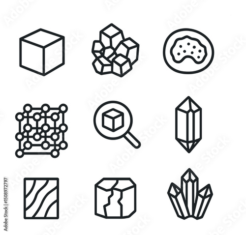 Salt Crystal Icons. Outline icon set of salt crystal structures: cubic crystal, halite cluster, geode cross-section, crystal